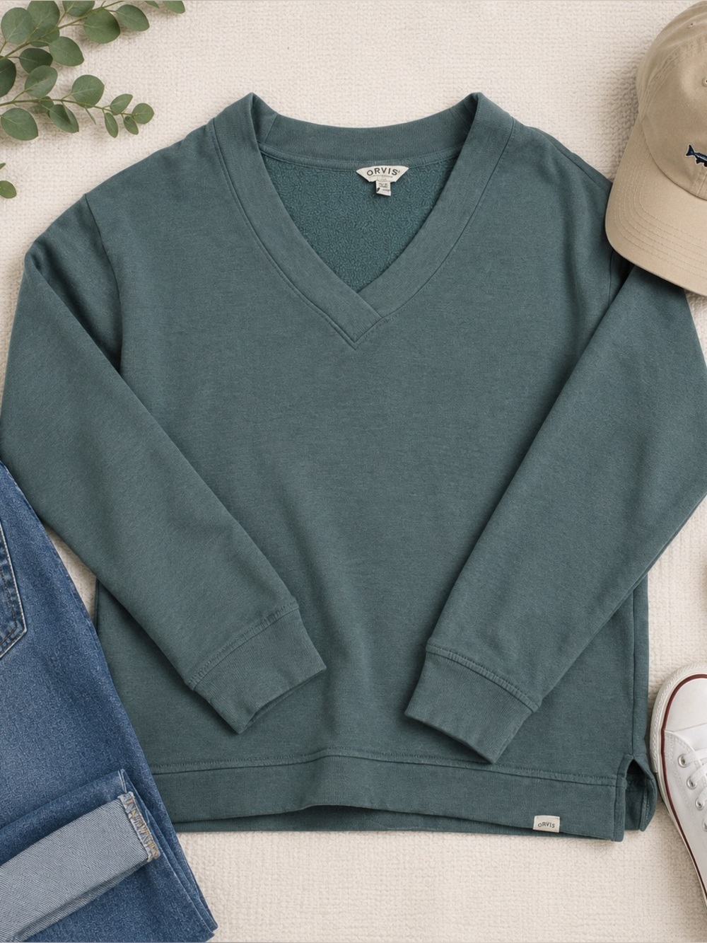 Orvis Womens Sweatshirt Small Green V Neck Pullover Fleece Lined Casual Lounge